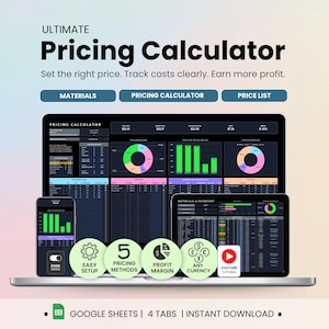 May include: A laptop, smartphone, and tablet display a pricing calculator interface. The image includes the text "ULTIMATE Pricing Calculator" and features options for materials, pricing, and price lists. Additional icons highlight easy setup, pricing methods, profit margin, and currency options.
