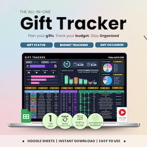 May include: A laptop displays a "Gift Tracker" spreadsheet with charts and data. The screen shows "Gift Status," "Budget Tracking," and "Any Occasion" options. The text reads "Plan your gifts. Track your budget. Stay Organized."