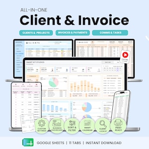 Może przedstawiać: System typu wszystko w jednym do zarządzania klientami i fakturami w Google Sheets. Interfejs wyświetla pulpity nawigacyjne dla klientów, projektów, faktur i płatności z wykresami, tabelami i śledzeniem zadań. Zawiera 11 kart i funkcje gotowe do druku.