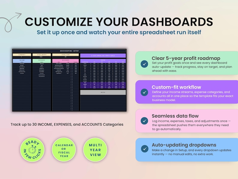 Customize your bookkeeping dashboards by setting your own income and expense categories, your bank accounts, and your net profit goals. Watch your entire spreadsheet update in real time.