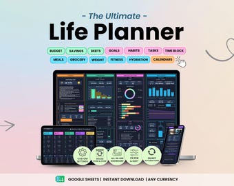 ADHD Life Planner Google Sheets Dark Mode Digital Organizer Budget Tasks Habits Goals, Meals Fitness Weight Trackers Calendar Dashboard