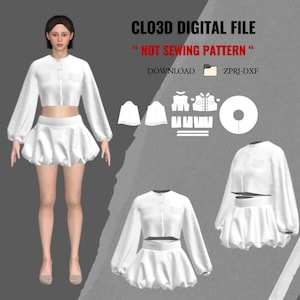 May include: A digital file for a white crop top and skirt set. The top has long sleeves and a button-up front. The skirt is a bubble style. The image includes the text "CLO3D DIGITAL FILE" and "NOT SEWING PATTERN".
