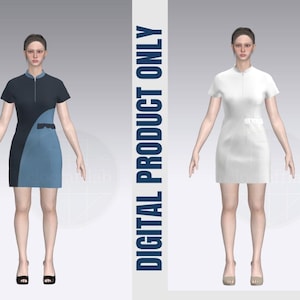 A-Line Dress Pattern | Short Sleeve with Curved Panel & Front Pocket | CLO3D Digital Sewing File