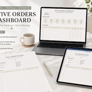 May include: An Active Orders Dashboard digital planner set including an Excel monthly dashboard, a daily printable planner in A4 and US Letter sizes, and a GoodNotes planner. The display shows order tracking tables, daily planning fields, and headers.