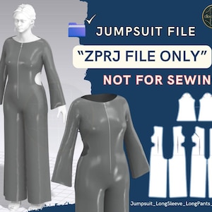 CLO3D Jumpsuit .zprj – Long Sleeve, Front Zipper, Digital Pattern File, Marvelous Designer Project, DXF, MD Project File