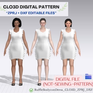 Ruffle Bodycon Dress Digital Pattern | CLO3D ZPRJ & DXF File | 3D Fashion Design Download