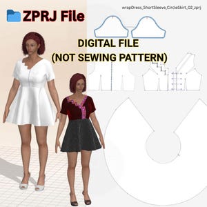 Wrap Dress Pattern CLO3D ZPRJ File – Short Sleeve Circle Skirt Dress – Digital 3D Garment Sewing Pattern for Designers