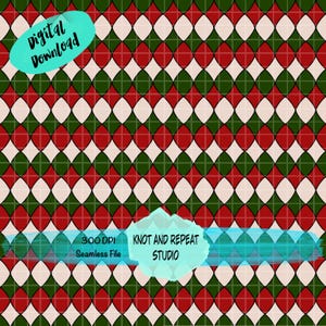 Pode incluir: Um padrão digital sem costura com uma grade geométrica repetitiva de diamantes e formas de folhas em tons de vermelho, verde escuro e creme. A imagem inclui sobreposições de texto Digital Download, 300 DPI Seamless File e Knot and Repeat Studio.