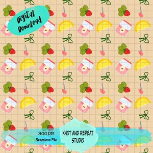 May include: A repeating pattern featuring strawberries, lemon slices, pink containers, green sprigs, and pink knives on a tan grid background. The words "Digital Download", "300 DPI Seamless File", and "Knot and Repeat Studio" are included.