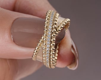 Luxus Perlen Diamant Wickelring, Solid Gold Pave Rundschliff Diamant Duo Ring, Eleganter Stapelbarer Statement Ring, feiner Schmuck