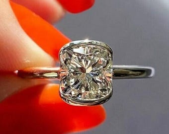 2.0Ct Cushion Cut Diamond Solitaire Ring, Cushion Lab Grown Diamond Ring, Half Bezel Set Engagement Ring, Anniversary Gifts Ring For Her