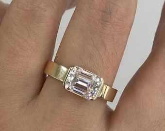 Anillo de compromiso con diamante talla esmeralda engastado en bisel, anillo solitario minimalista con diamante cultivado en laboratorio, anillo de boda fino de oro de este a oeste