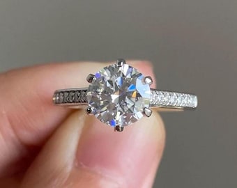 2.00CT Round Cut Lab Grown Diamond Engagement Ring, Solitaire Diamond Ring, 6 Prong Pave Band, Wedding Ring, Anniversary Promise Ring