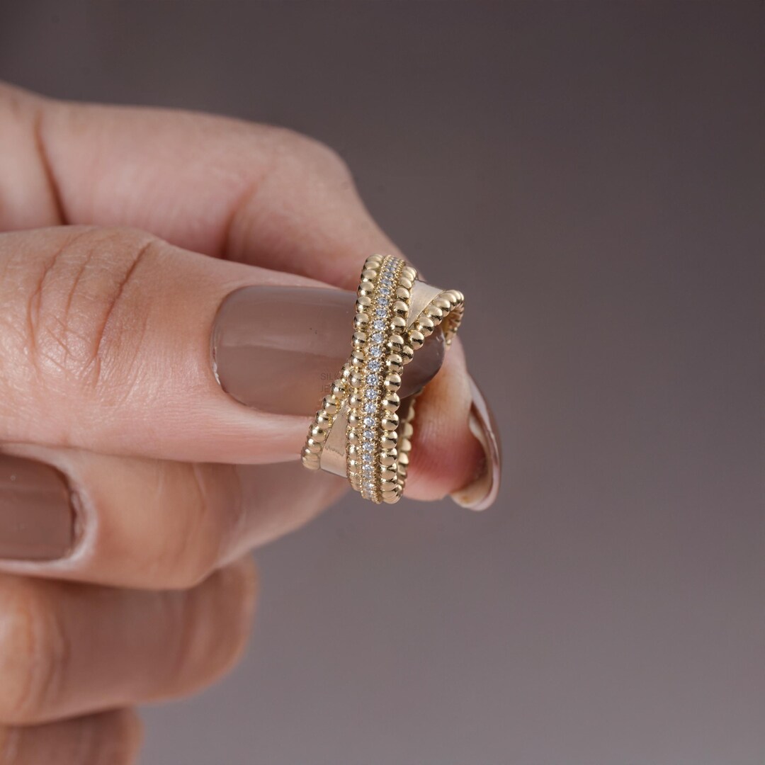 Luxury Beaded Diamond Wrap Ring, Solid Gold Pave Round Cut Diamond Duo ...