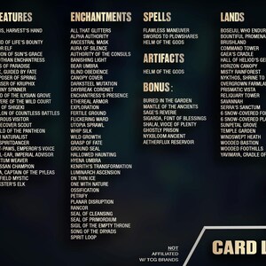 May include: A card list featuring various categories: Creatures, Enchantments, Spells, Artifacts, Bonus, and Lands. The text is in gold against a dark background. The card list includes names like "Sythis, Harvest's Hand" and "Boseiju, Who Endures".