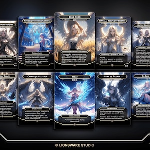 May include: A collection of fantasy trading cards featuring angelic figures and various enchantments. Each card displays unique artwork, titles, and game text, with a dark background. The cards include titles like "Folk Hero" and "Battle Angels of Tyr".