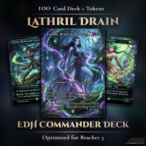 May include: A Commander deck featuring three fantasy art cards with the text "Lathril Drain" and "EDH Commander Deck". The cards depict elves with various abilities, including "Lathril, Blade of the Elves". The deck includes 100 cards and tokens.