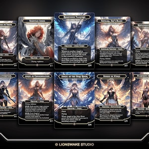 May include: A collection of ten fantasy trading cards featuring angel characters. Each card has a unique illustration of an angel with wings, in various poses and colors. The cards include names like "Righteous Valkyrie" and "Lyra Dawnbringer".