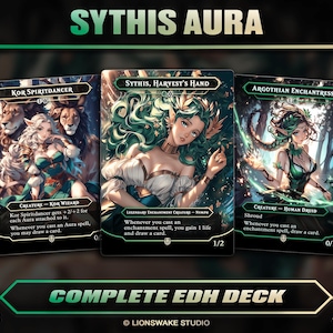 May include: Three fantasy art trading cards featuring female characters. The cards are labeled "Kor Spiritdancer", "Sythis, Harvest's Hand", and "Argothian Enchantress". The text "Sythis Aura" is at the top. The words "Complete EDH Deck" are at the bottom.