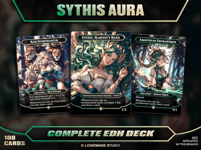 May include: Three fantasy art trading cards featuring female characters. The cards are labeled "Kor Spiritdancer", "Sythis, Harvest's Hand", and "Argothian Enchantress". The text "Sythis Aura" is at the top. The words "Complete EDH Deck" are at the bottom.