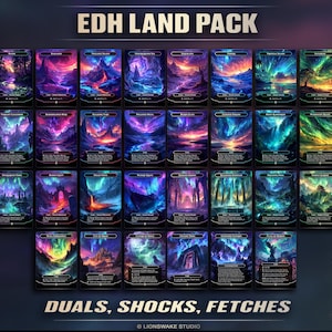 May include: A collection of fantasy art trading cards featuring vibrant landscapes in shades of purple, blue, and orange. The cards are labeled "EDH LAND PACK" and include the text "DUALS, SHOCKS, FETCHES". The Lion's Wake Studio logo is visible.