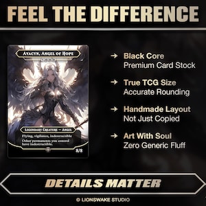 May include: A trading card featuring Avacyn, Angel of Hope, a legendary angel with white hair and large wings. The card has a black core and is True TCG size. Text includes "Feel the Difference" and "Details Matter."
