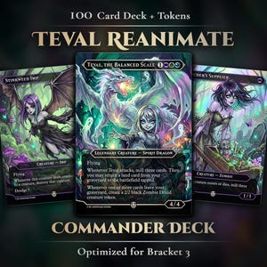 Peut inclure: Un jeu de 100 cartes et jetons intitulé Teval Reanimate Commander Deck. La carte centrale représente Teval, the Balanced Scale, une créature dragon esprit légendaire. Les cartes adjacentes incluent Stinkweed Imp et Stitcher's Supplier.
