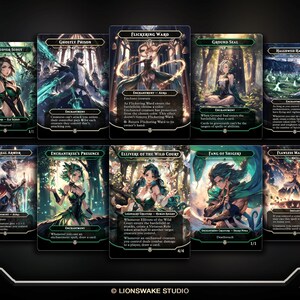 May include: A collection of ten fantasy-themed trading cards. Each card features detailed artwork of characters and creatures, with text describing their abilities and attributes. The cards have a dark, mystical aesthetic.