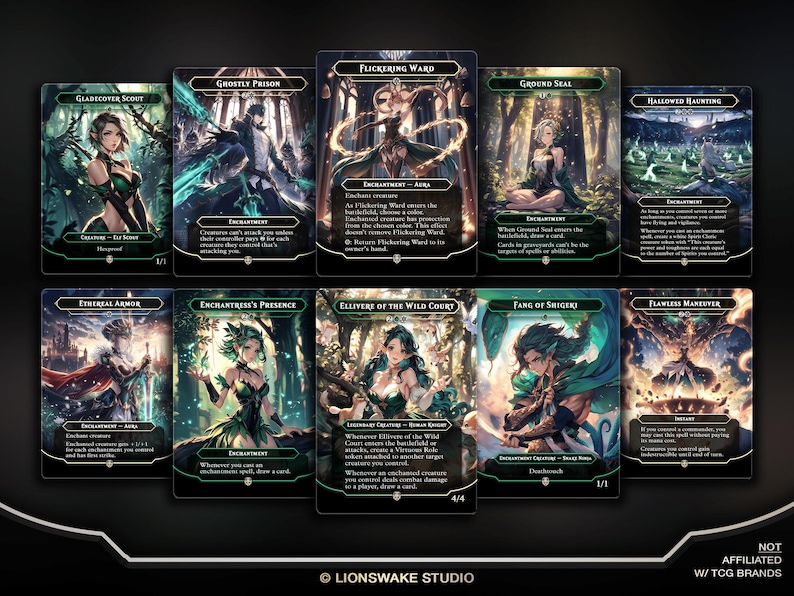 May include: A collection of ten fantasy-themed trading cards. Each card features detailed artwork of characters and creatures, with text describing their abilities and attributes. The cards have a dark, mystical aesthetic.
