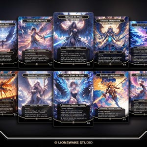 May include: A collection of ten fantasy art trading cards featuring angels and other mythical creatures. Each card has a unique illustration with titles like "Herald of War" and "Angel of Vitality". The cards are set against a dark background.