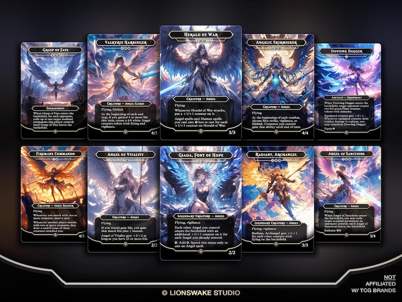May include: A collection of ten fantasy art trading cards featuring angels and other mythical creatures. Each card has a unique illustration with titles like "Herald of War" and "Angel of Vitality". The cards are set against a dark background.