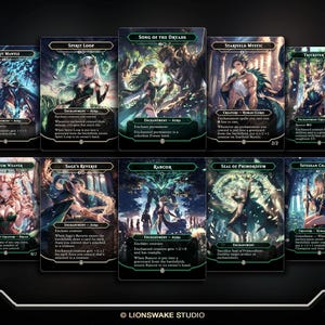 May include: A collection of ten fantasy-themed trading cards. Each card features unique artwork and text, with titles like "Spirit Mantle," "Spirit Loop," and "Song of the Dryads." The cards are predominantly dark green and black, with detailed illustrations of mythical creatures and characters.