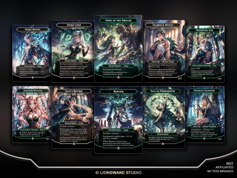 May include: A collection of ten fantasy-themed trading cards. Each card features unique artwork and text, with titles like "Spirit Mantle," "Spirit Loop," and "Song of the Dryads." The cards are predominantly dark green and black, with detailed illustrations of mythical creatures and characters.