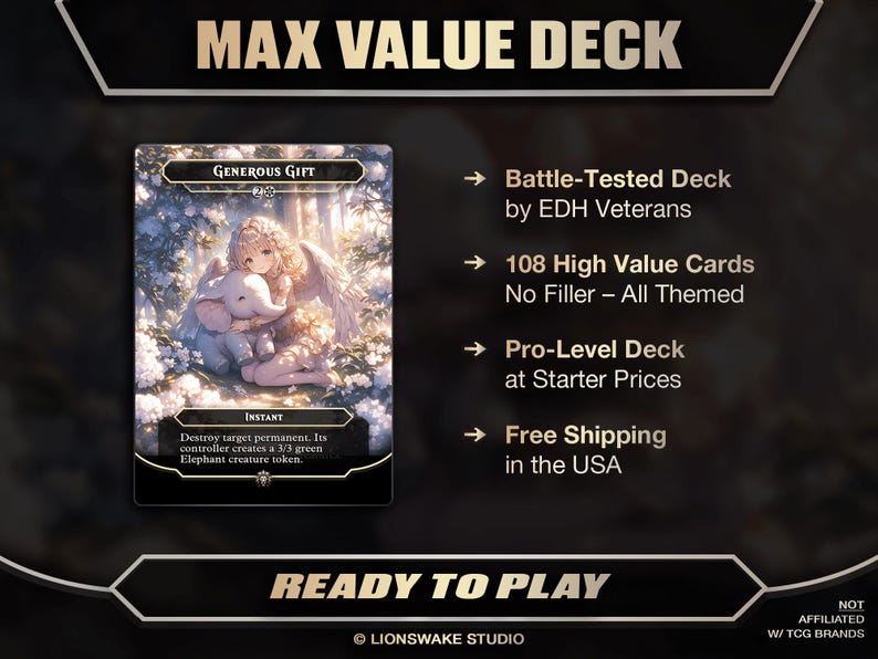 May include: A trading card with the title "Generous Gift" featuring an illustration of a girl with angel wings hugging an elephant. The card is part of a "Max Value Deck" and is described as a battle-tested deck with 108 high-value cards.
