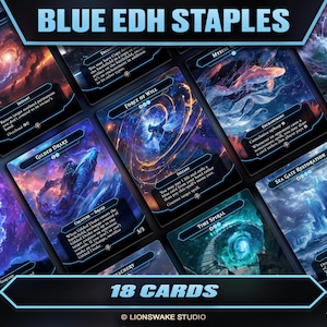 May include: A collection of 18 blue-themed EDH (Elder Dragon Highlander) trading cards. The cards feature fantasy art with titles like "Cyclonic Rift," "Force of Will," and "Gilded Drake." The text "Blue EDH Staples" is at the top.