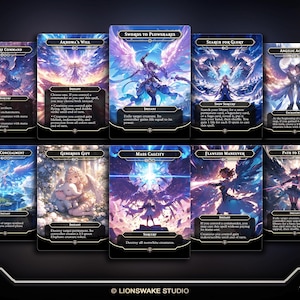 May include: A collection of ten fantasy-themed trading cards with various illustrations. The cards feature titles like "Swords to Plowshares" and "Angelic Accord." The artwork includes angels, figures with wings, and ethereal backgrounds. The cards are set against a dark background.