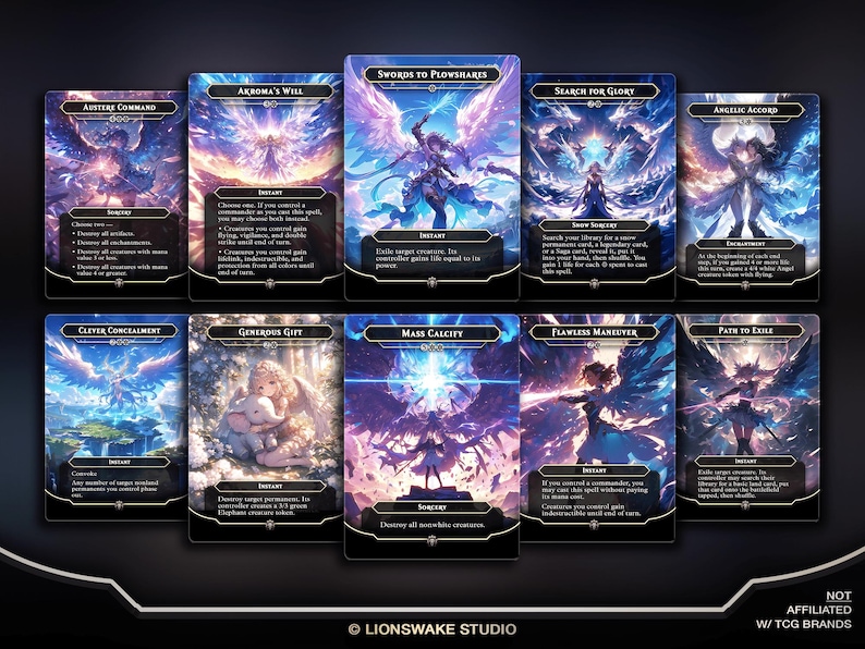 May include: A collection of ten fantasy-themed trading cards with various illustrations. The cards feature titles like "Swords to Plowshares" and "Angelic Accord." The artwork includes angels, figures with wings, and ethereal backgrounds. The cards are set against a dark background.