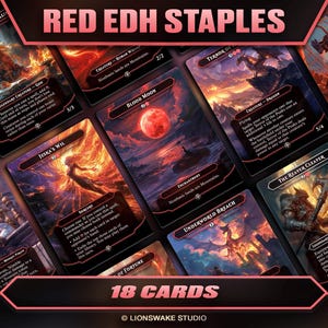 Puede incluir: Un conjunto de 18 cartas coleccionables "Red EDH Staples". Las cartas presentan arte de fantasía con títulos como "Blood Moon" y "The Reaver Cleaver". La imagen tiene un esquema de color rojo y negro, con el texto "RED EDH STAPLES" en la parte superior.