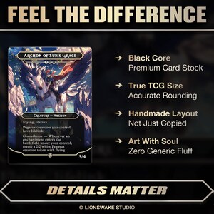 May include: A trading card featuring a winged creature, "Archon of Sun's Grace," with a white Pegasus and a red-caped figure. The card has a black core and includes text about its features, such as "Black Core" and "True TCG Size."