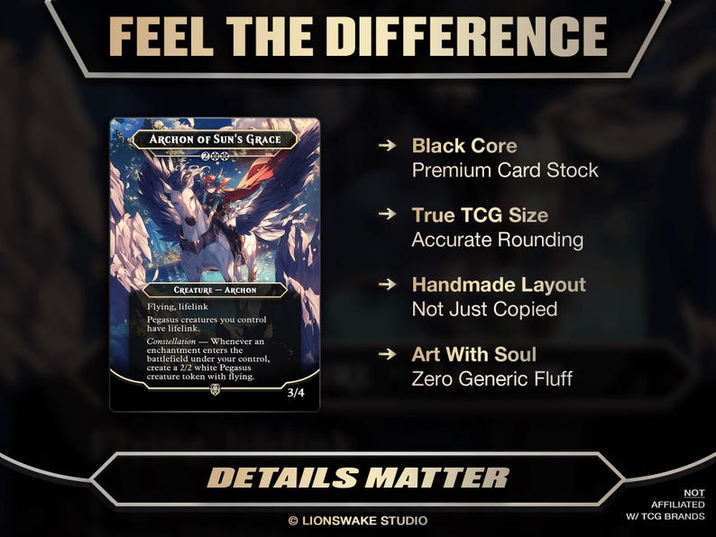 May include: A trading card featuring a winged creature, "Archon of Sun's Grace," with a white Pegasus and a red-caped figure. The card has a black core and includes text about its features, such as "Black Core" and "True TCG Size."