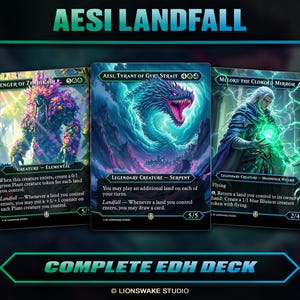 Könnte beinhalten: Drei Magic: The Gathering Sammelkarten aus dem Set "AESI LANDFALL". Die Karten zeigen Fantasy-Kunst eines Pflanzenelementars, einer schlangenartigen Kreatur und eines Zauberers. Der Text "COMPLETE EDH DECK" steht unten.