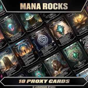 May include: A collection of 18 proxy cards with fantasy art. The cards feature various designs, including gemstones, a lion, and other mystical imagery. The text "MANA ROCKS" and "18 PROXY CARDS" are visible.