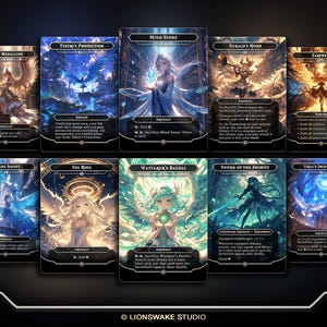 May include: A collection of ten fantasy-themed trading cards. Each card features unique artwork and text, with titles like "Pearl Medallion," "Teteri's Protection," and "Mind Stone." The cards have a dark background with detailed illustrations of mythical creatures and characters.