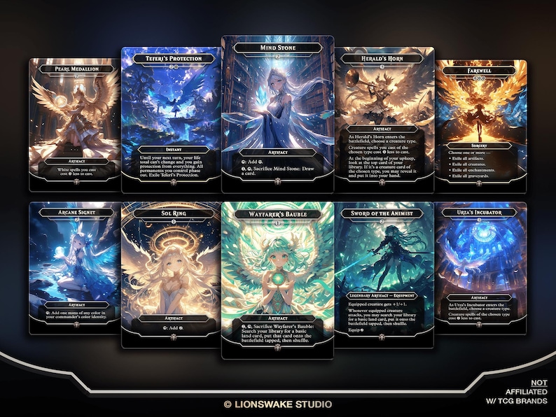 May include: A collection of ten fantasy-themed trading cards. Each card features unique artwork and text, with titles like "Pearl Medallion," "Teteri's Protection," and "Mind Stone." The cards have a dark background with detailed illustrations of mythical creatures and characters.
