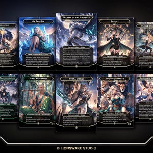 May include: A collection of ten fantasy-themed trading cards. Each card features unique artwork and text, with titles like "On Thin Ice," "Mantle of the Ancients," and "Hyena Umbra." The cards are displayed on a dark background.
