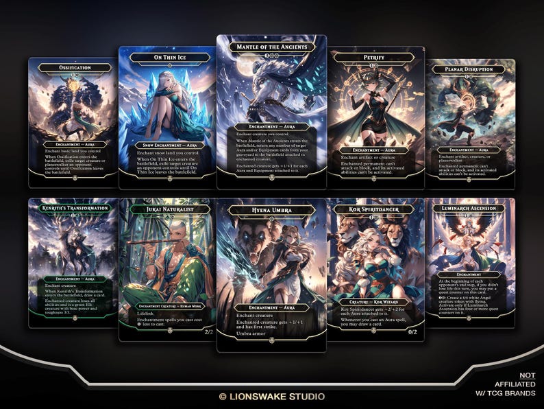 May include: A collection of ten fantasy-themed trading cards. Each card features unique artwork and text, with titles like "On Thin Ice," "Mantle of the Ancients," and "Hyena Umbra." The cards are displayed on a dark background.