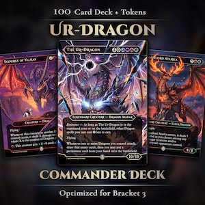 May include: A Commander Deck featuring three fantasy cards with dragon illustrations. The cards are titled "The Ur-Dragon", "Scourge of Valkas", and "Gorelord Atarka". The deck is optimized for Bracket 3.
