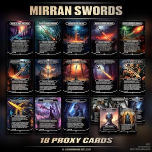 Könnte beinhalten: Eine Sammlung von 18 Proxy-Karten mit Fantasy-Schwert-Illustrationen. Die Karten tragen Titel wie "Sword of Feast and Famine" und "Sword of Light and Shadow". Der Text "Mirran Swords" steht oben.
