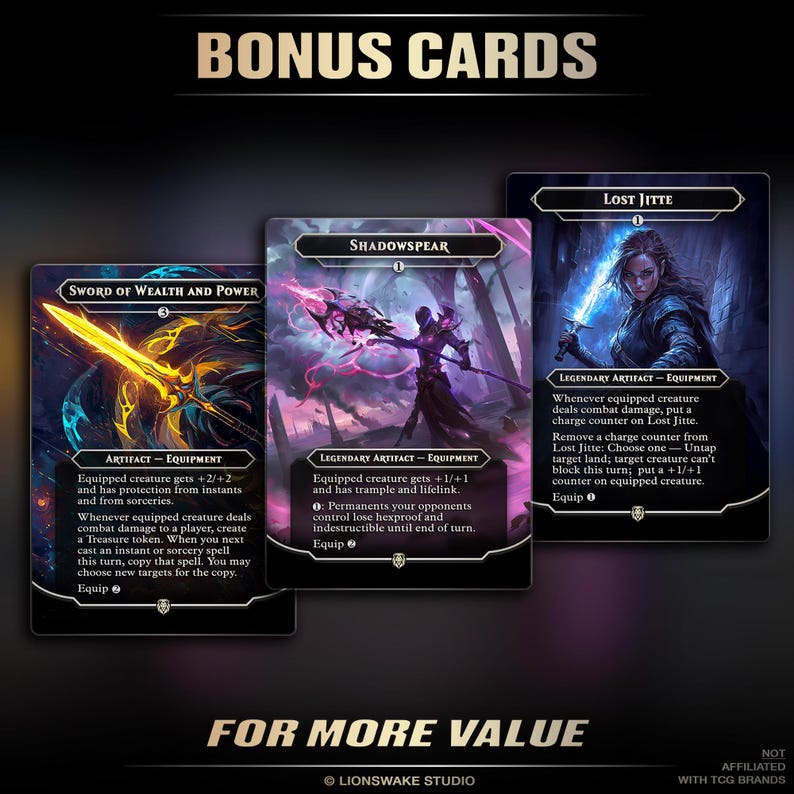 May include: Three fantasy-themed trading cards with the text "BONUS CARDS" at the top. The cards feature illustrations of a glowing sword, a shadowy figure with a spear, and a woman with a sword. The text "FOR MORE VALUE" is at the bottom.