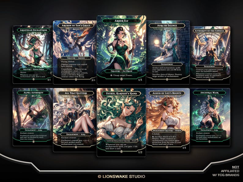 May include: A collection of ten fantasy art trading cards. Each card features a female character with detailed artwork and text. The cards are in various colors, including green, blue, and gold, with the text in white. The cards are labeled with names like "Arbor Elf" and "Alpha Authority."